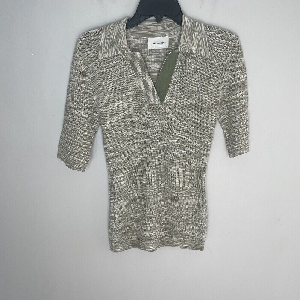 HOLZWEILER Knit Top Womens Medium Green Green Short Sleeve Polo Viscose Blend